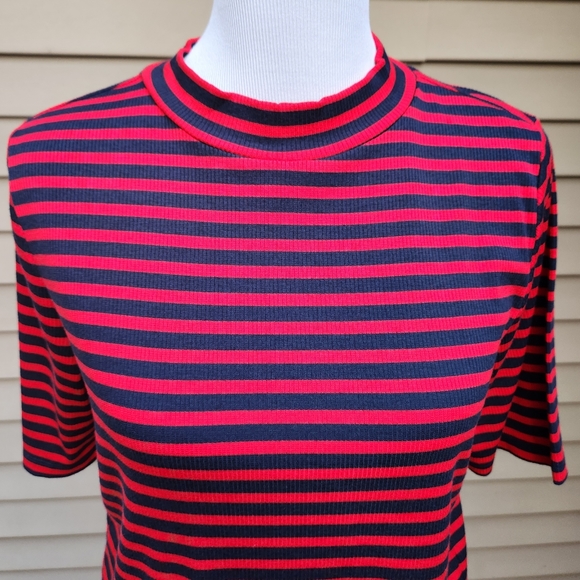 Style & Co Ribbed Knit Red Striped Blouse Top Mockneck Elbow Sleeves Stretch - Picture 3 of 13